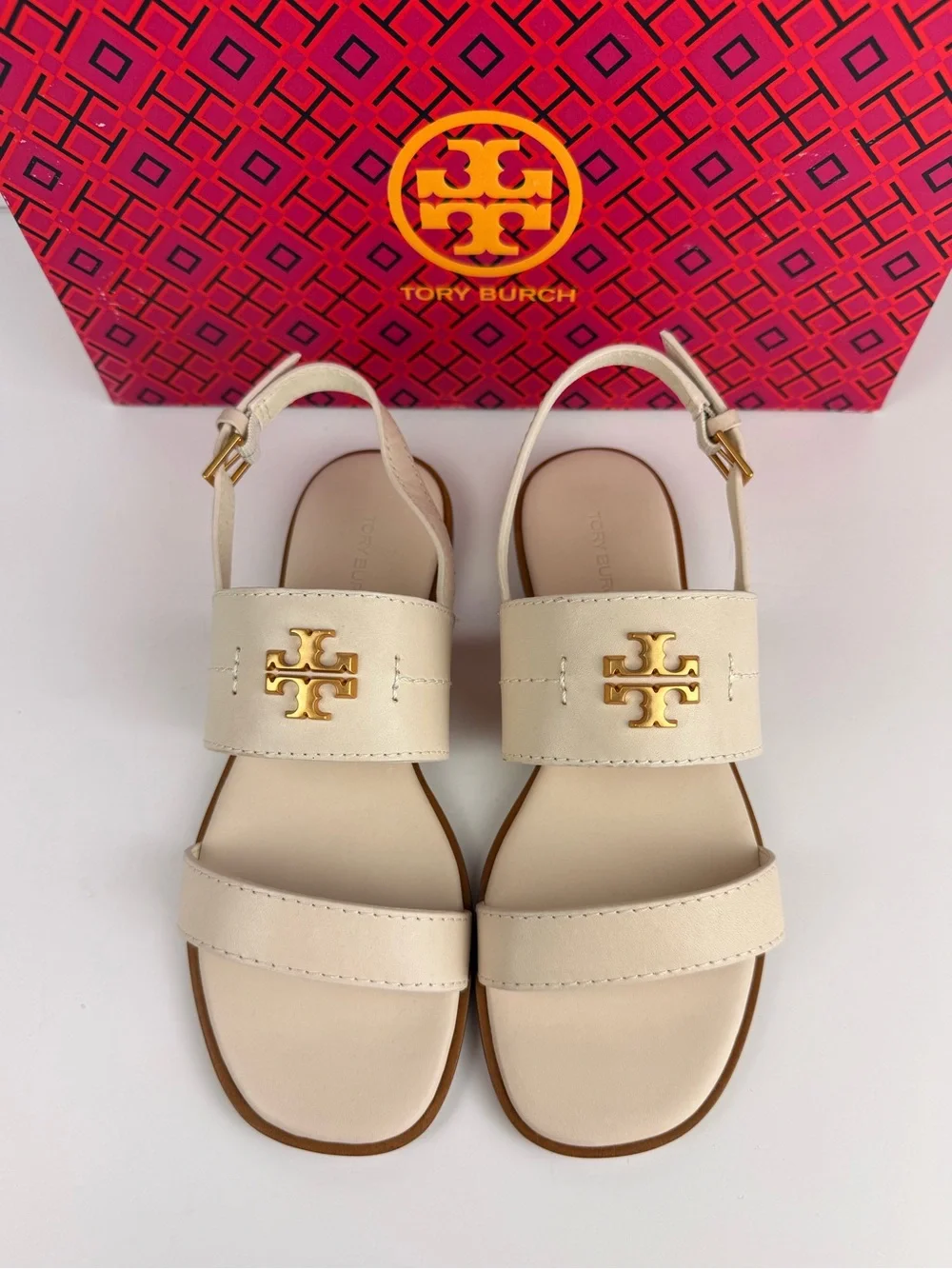 Tory Burch Mini Everly Back Strap Sandals New Ivory Gold Logo Flat Size 5